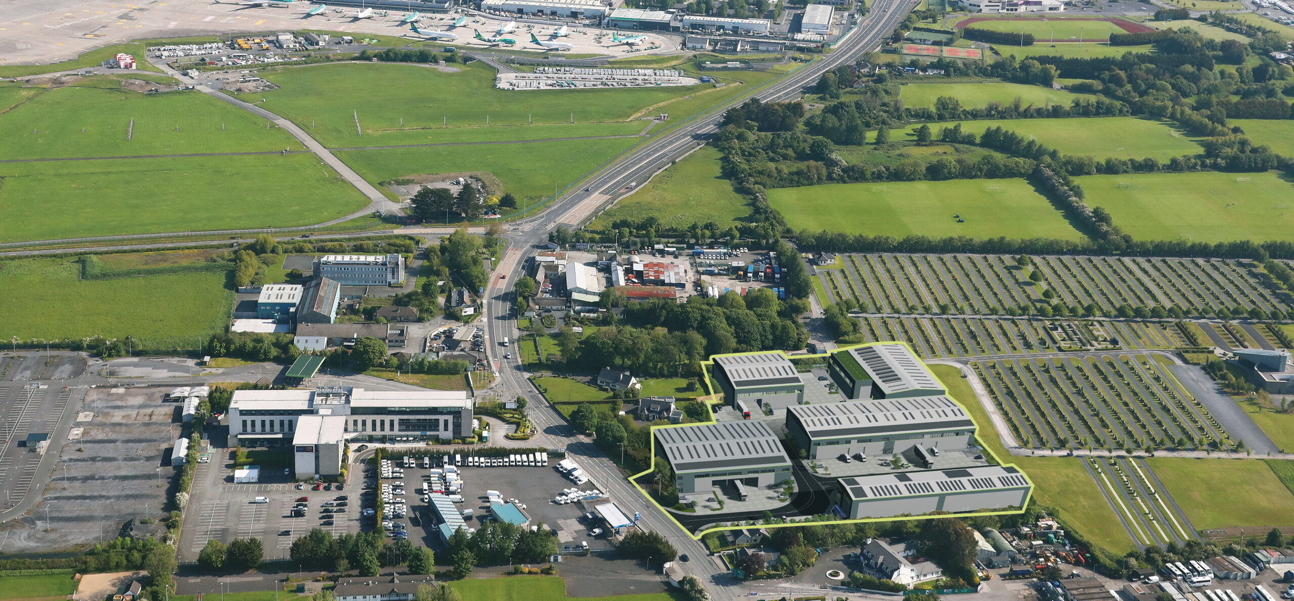 Aerial view featuring a CGI of Airport Trade Park with Dublin Airport shown at the top of the image